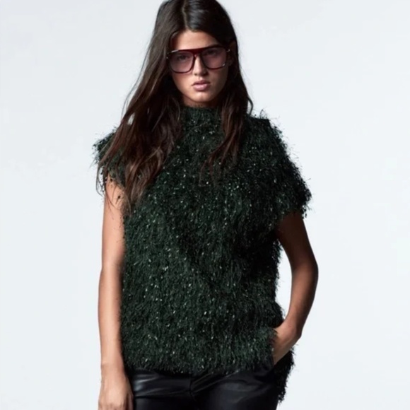 Forest Green Zara Frilly Cowl Neck Sleeveless Top Women's L - Picture 1 of 6